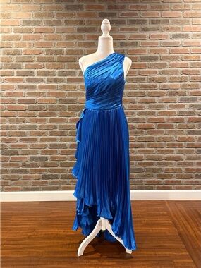 One-Shoulder Cobalt Pleated Evening Dress